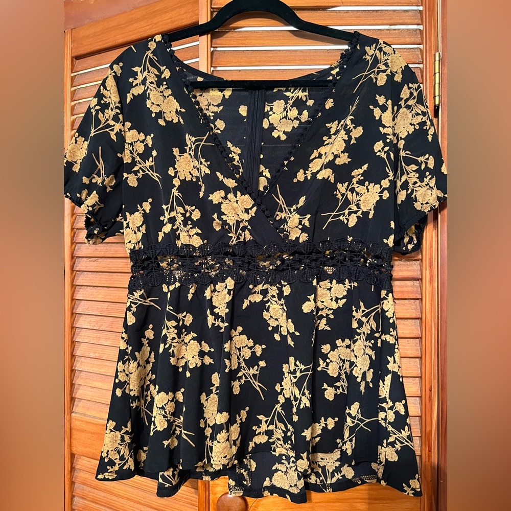 MUST GO BY 8/11: Black and gold floral blouse